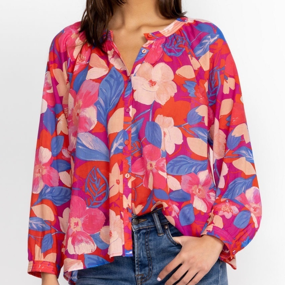 JOHNNY WAS Giverney Garden Raglan Poet Blouse Floral Button-Up Size XS Oversized